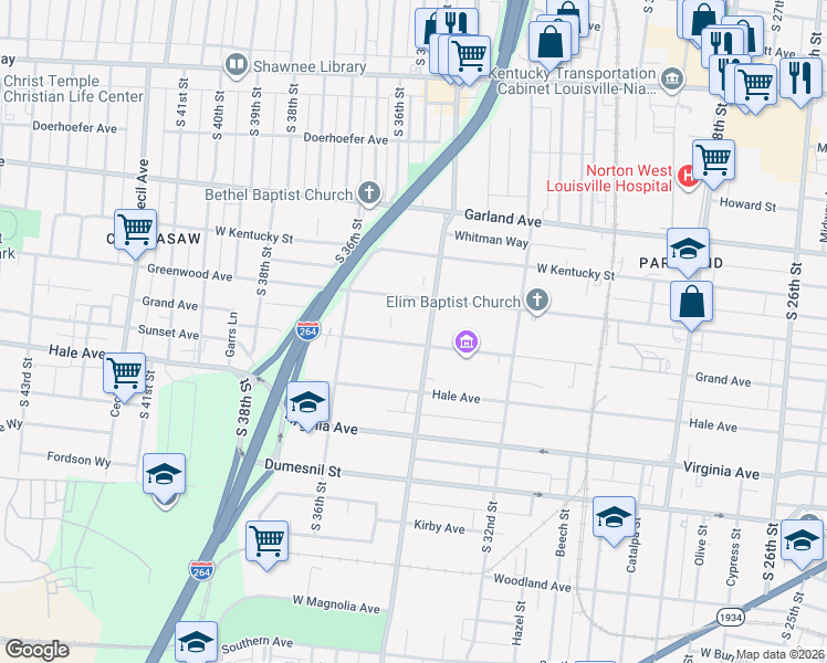 map of restaurants, bars, coffee shops, grocery stores, and more near 3415 Grand Avenue in Louisville