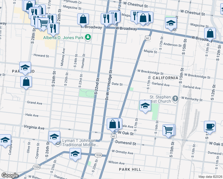 map of restaurants, bars, coffee shops, grocery stores, and more near 2100 Date Street in Louisville