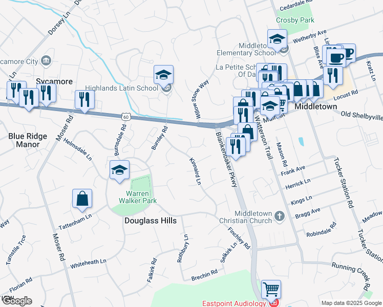 map of restaurants, bars, coffee shops, grocery stores, and more near 213 Kinnaird Lane in Louisville
