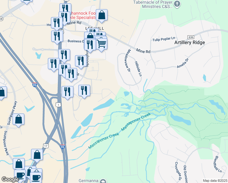 map of restaurants, bars, coffee shops, grocery stores, and more near 4619 Wensel Road in Fredericksburg