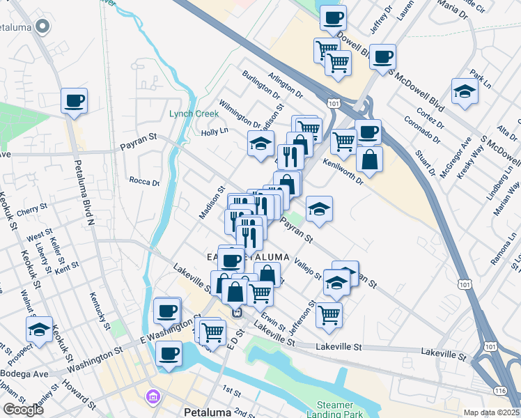 map of restaurants, bars, coffee shops, grocery stores, and more near 724 Marin Way in Petaluma