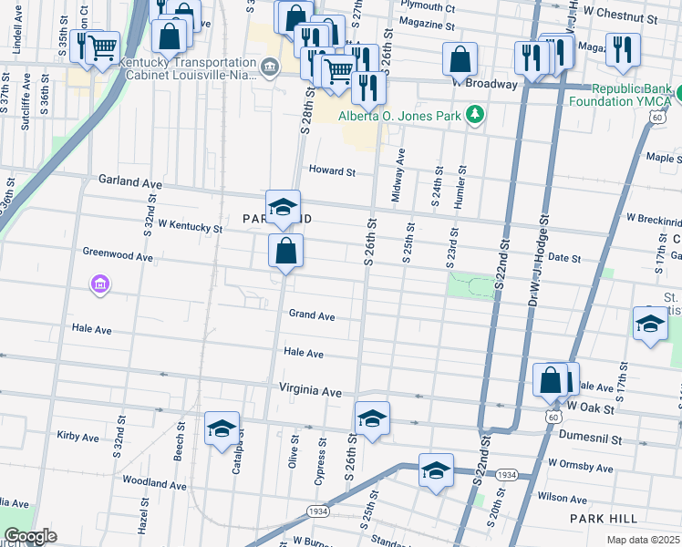 map of restaurants, bars, coffee shops, grocery stores, and more near 2625 Greenwood Avenue in Louisville