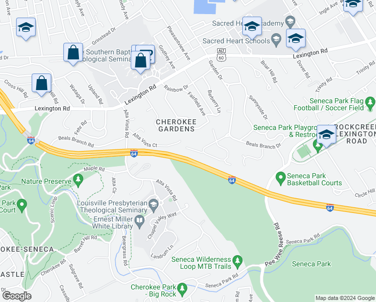 map of restaurants, bars, coffee shops, grocery stores, and more near 2802 Juniper Hill Court in Louisville