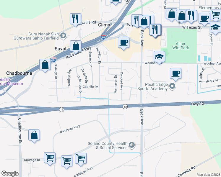 map of restaurants, bars, coffee shops, grocery stores, and more near 2134 Sunhaven Court in Fairfield