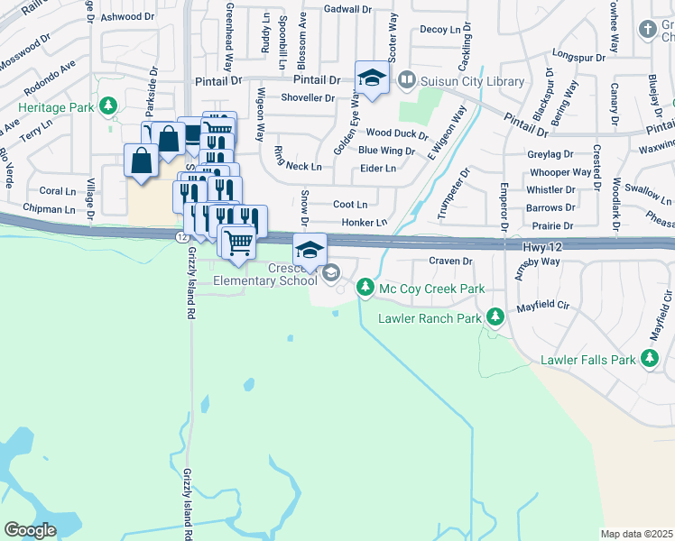 map of restaurants, bars, coffee shops, grocery stores, and more near 933 McCoy Creek Circle in Suisun City