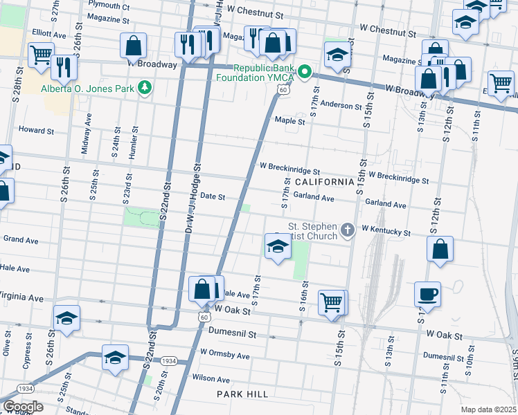 map of restaurants, bars, coffee shops, grocery stores, and more near 1733 West Kentucky Street in Louisville