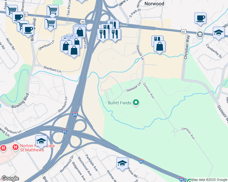 map of restaurants, bars, coffee shops, grocery stores, and more near 405 Steeplecrest Court in Louisville