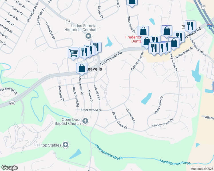 map of restaurants, bars, coffee shops, grocery stores, and more near Running Cedar Lane in Spotsylvania County
