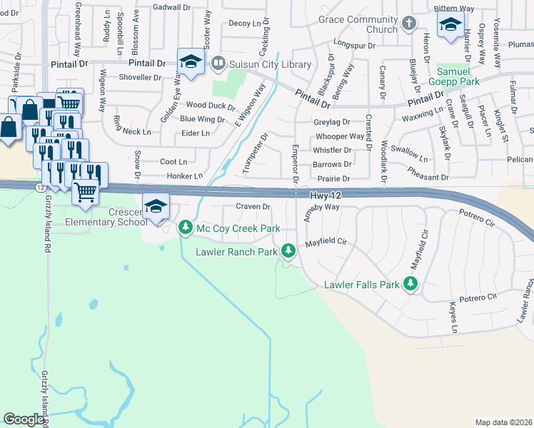 map of restaurants, bars, coffee shops, grocery stores, and more near 415 Craven Drive in Suisun City