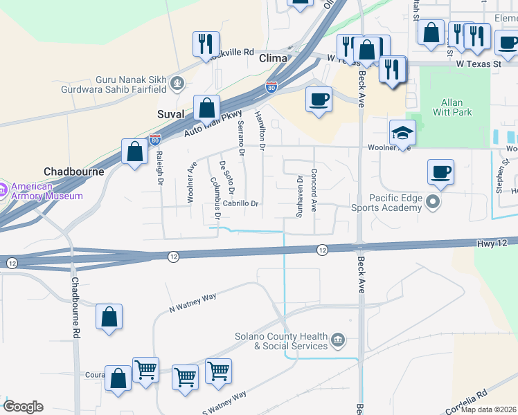 map of restaurants, bars, coffee shops, grocery stores, and more near 286 Serrano Drive in Fairfield