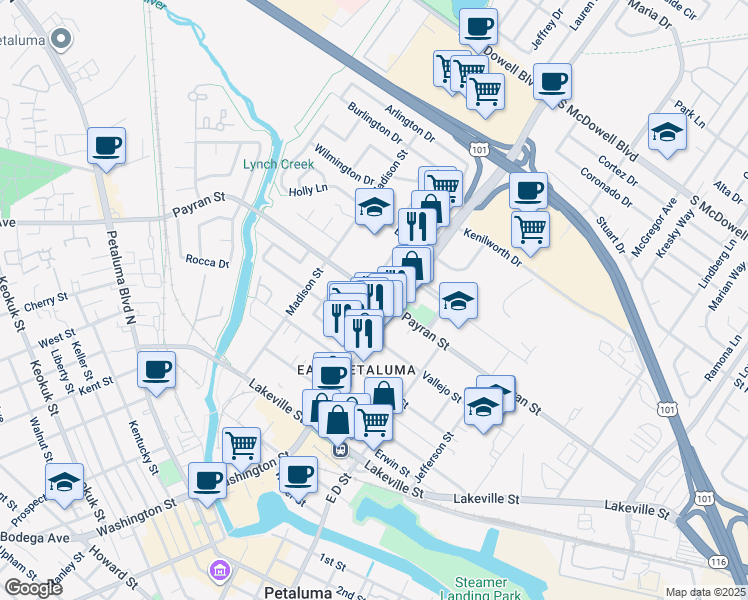map of restaurants, bars, coffee shops, grocery stores, and more near 724 Marin Way in Petaluma