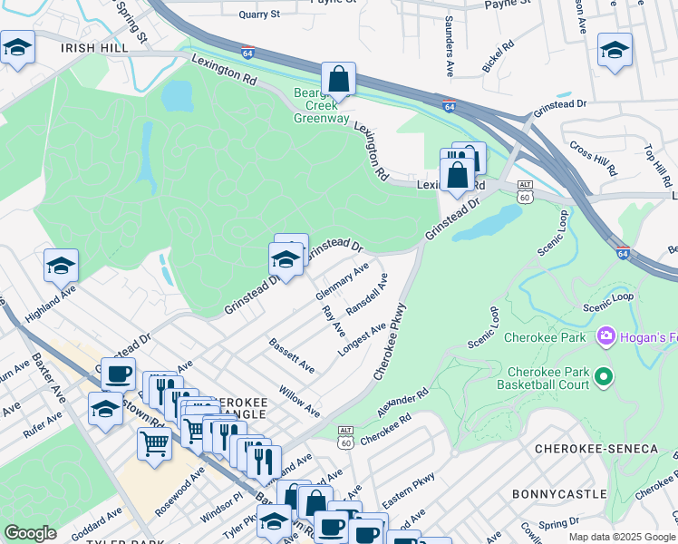 map of restaurants, bars, coffee shops, grocery stores, and more near 2545 Glenmary Avenue in Louisville