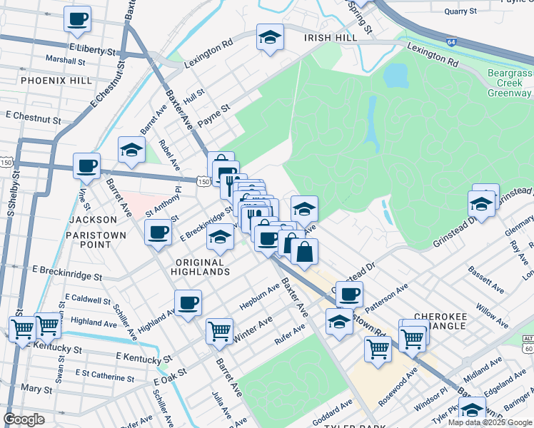 map of restaurants, bars, coffee shops, grocery stores, and more near 915 Baxter Avenue in Louisville