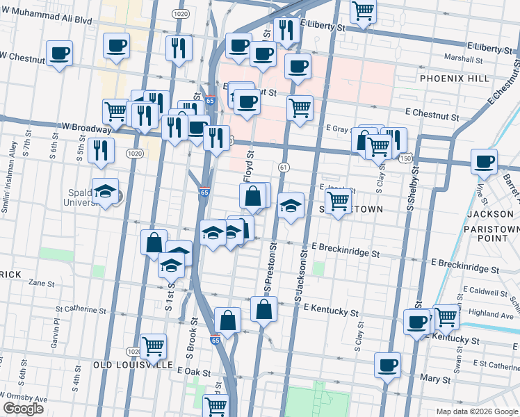 map of restaurants, bars, coffee shops, grocery stores, and more near 326 East College Street in Louisville