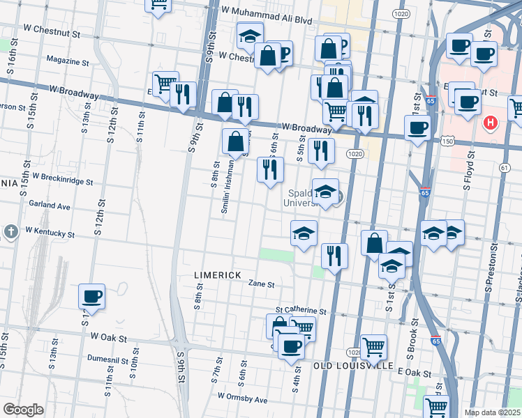 map of restaurants, bars, coffee shops, grocery stores, and more near 601 West Breckinridge Street in Louisville
