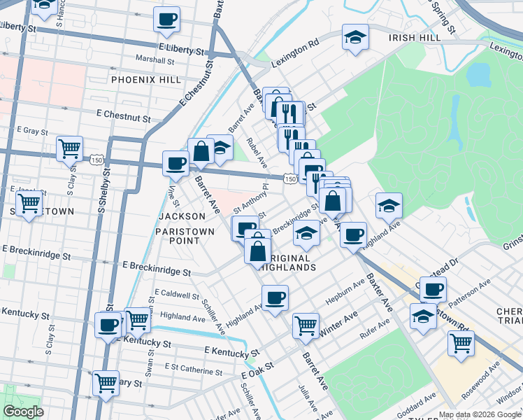 map of restaurants, bars, coffee shops, grocery stores, and more near 1419 Debarr Street in Louisville