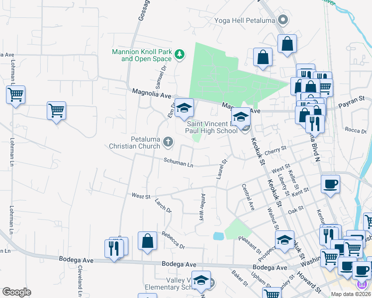 map of restaurants, bars, coffee shops, grocery stores, and more near 740 Cindy Lane in Petaluma