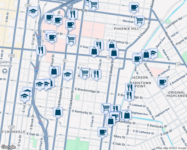 map of restaurants, bars, coffee shops, grocery stores, and more near Camp Edwards Way in Louisville