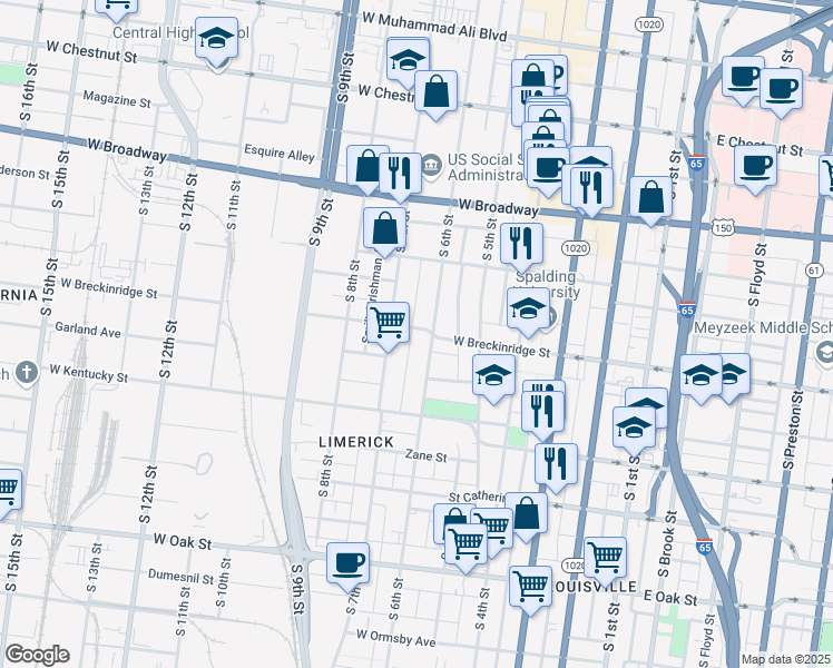 map of restaurants, bars, coffee shops, grocery stores, and more near 612 West Breckinridge Street in Louisville