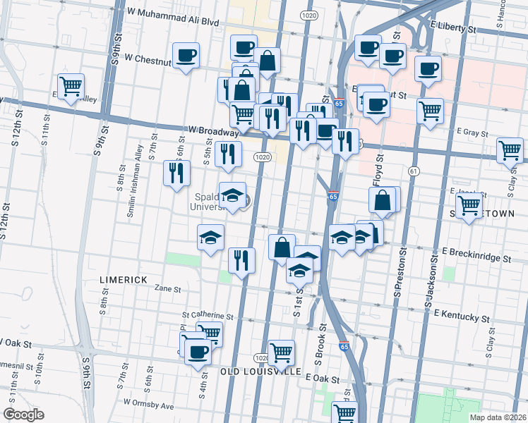 map of restaurants, bars, coffee shops, grocery stores, and more near 845 South 3rd Street in Louisville