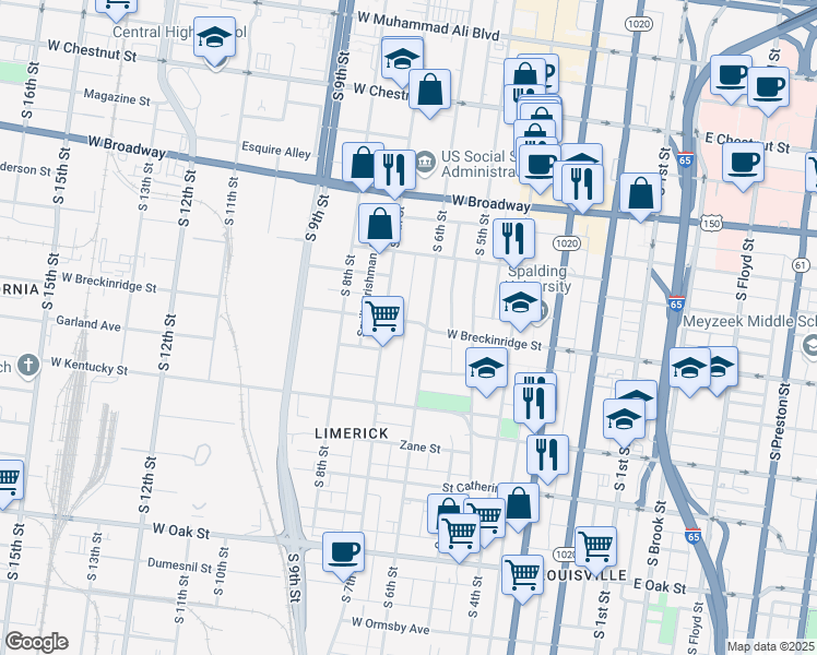 map of restaurants, bars, coffee shops, grocery stores, and more near 614 West Breckinridge Street in Louisville