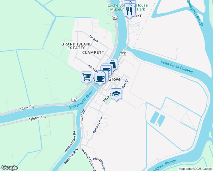 map of restaurants, bars, coffee shops, grocery stores, and more near 14147 River Road in Walnut Grove