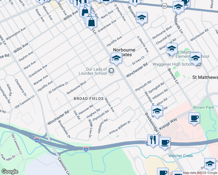 map of restaurants, bars, coffee shops, grocery stores, and more near 3708 Winchester Road in Louisville