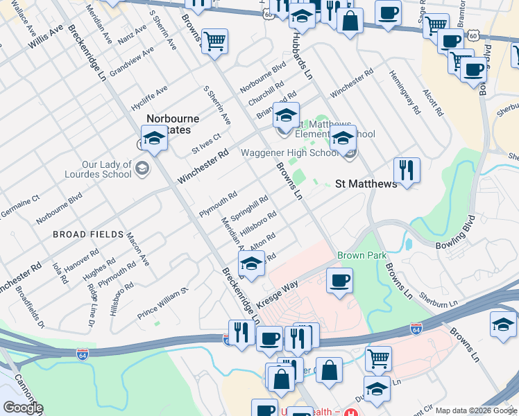 map of restaurants, bars, coffee shops, grocery stores, and more near 4024 Springhill Road in Louisville