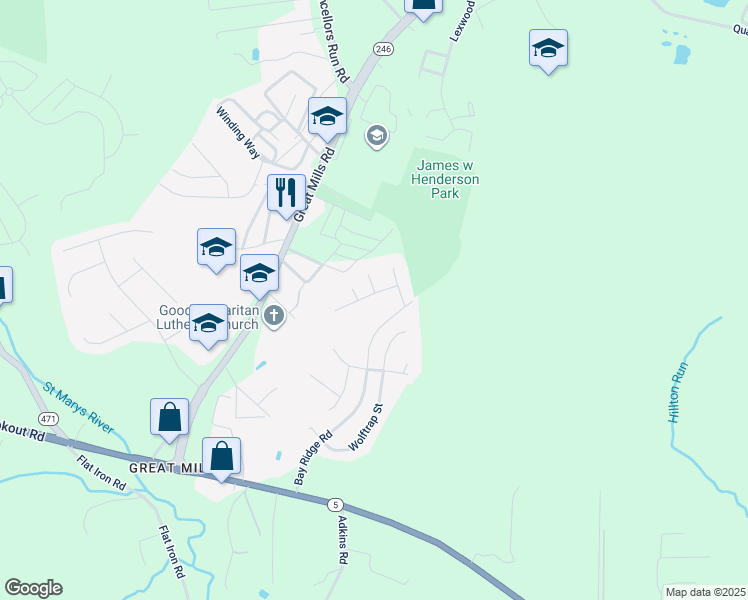 map of restaurants, bars, coffee shops, grocery stores, and more near 45881 Ketch court in Lexington Park