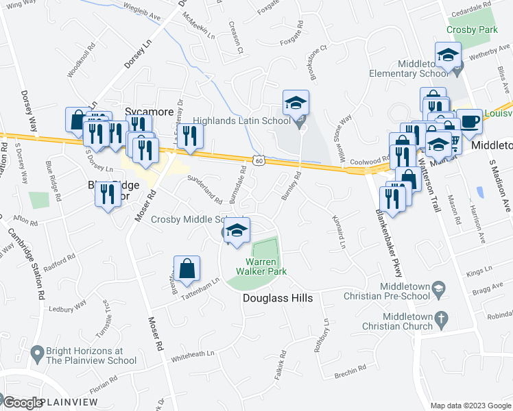 map of restaurants, bars, coffee shops, grocery stores, and more near 221 Charlestown Court in Douglass Hills