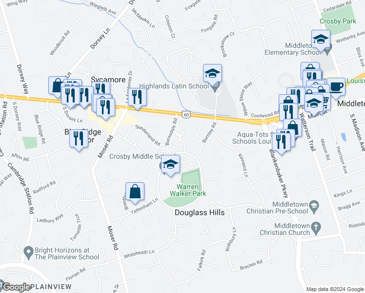 map of restaurants, bars, coffee shops, grocery stores, and more near 220 Charlestown Court in Douglass Hills