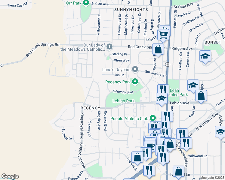 map of restaurants, bars, coffee shops, grocery stores, and more near 93 Regency Boulevard in Pueblo