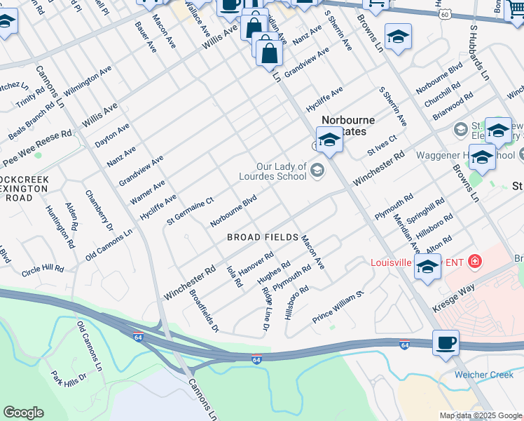 map of restaurants, bars, coffee shops, grocery stores, and more near 3605 Graham Road in Louisville