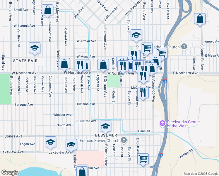 map of restaurants, bars, coffee shops, grocery stores, and more near in Pueblo