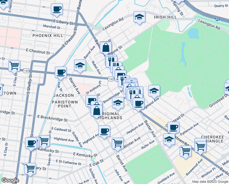 map of restaurants, bars, coffee shops, grocery stores, and more near 1507 East Breckinridge Street in Louisville