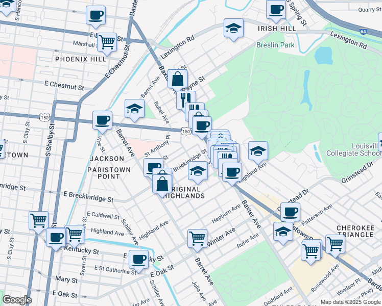 map of restaurants, bars, coffee shops, grocery stores, and more near 1507 East Breckinridge Street in Louisville