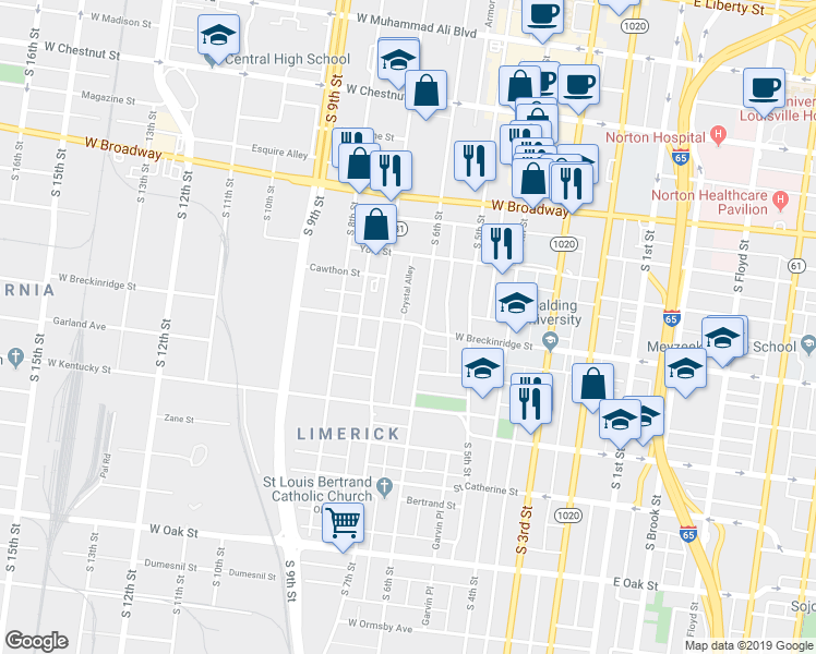 map of restaurants, bars, coffee shops, grocery stores, and more near 601 West Breckinridge Street in Louisville
