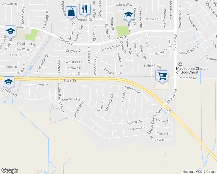 map of restaurants, bars, coffee shops, grocery stores, and more near 1200 Mayfield Circle in Suisun City