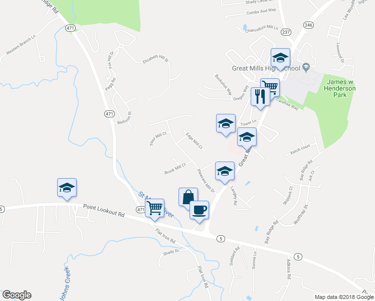 map of restaurants, bars, coffee shops, grocery stores, and more near 45598 Pleasant Mill Drive in Great Mills