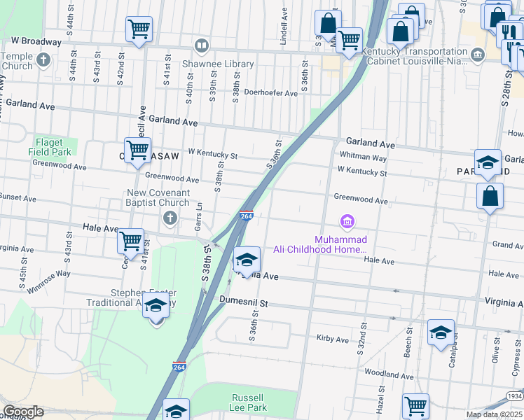 map of restaurants, bars, coffee shops, grocery stores, and more near 3607 Grand Avenue in Louisville