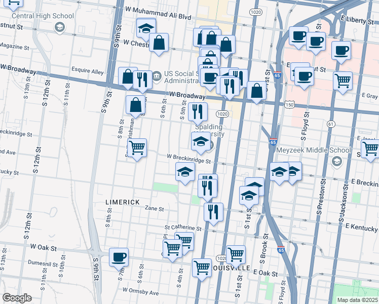 map of restaurants, bars, coffee shops, grocery stores, and more near 850 South 4th Street in Louisville