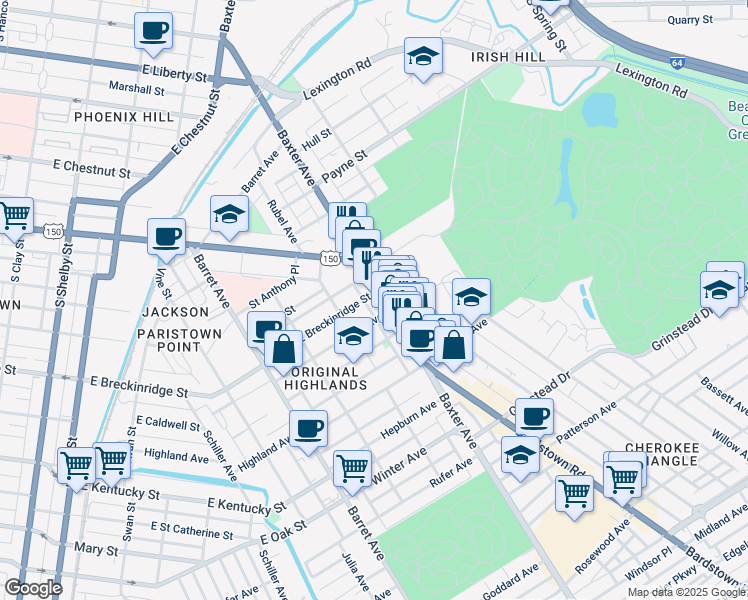 map of restaurants, bars, coffee shops, grocery stores, and more near 900 Baxter Avenue in Louisville