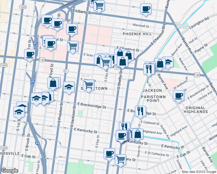 map of restaurants, bars, coffee shops, grocery stores, and more near 709 Roselane Street in Louisville