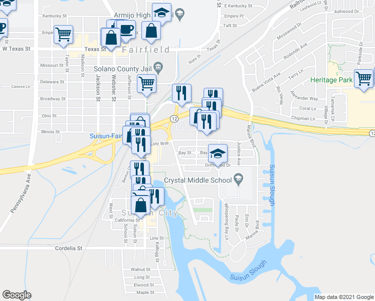 map of restaurants, bars, coffee shops, grocery stores, and more near 720 Bay Street in Suisun City