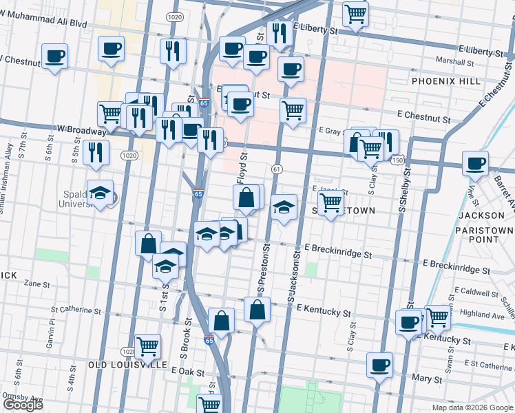 map of restaurants, bars, coffee shops, grocery stores, and more near 326 East College Street in Louisville