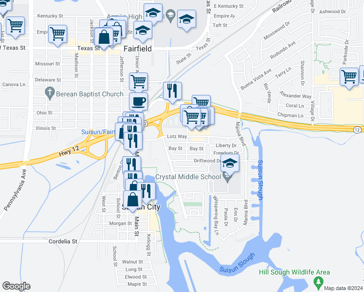 map of restaurants, bars, coffee shops, grocery stores, and more near 728 Bay Street in Suisun City