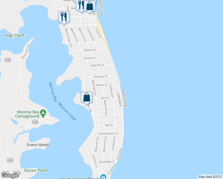map of restaurants, bars, coffee shops, grocery stores, and more near Lossing Avenue in Colonial Beach