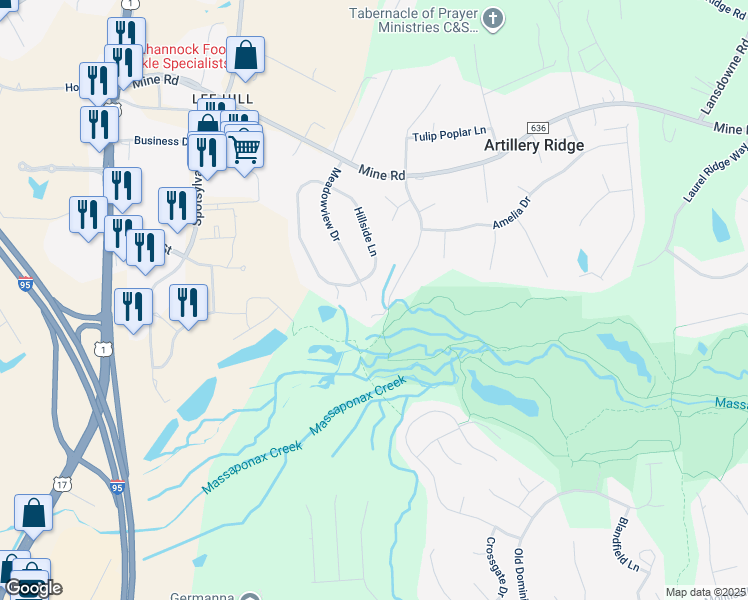 map of restaurants, bars, coffee shops, grocery stores, and more near 10203 Meadowview Drive in Fredericksburg