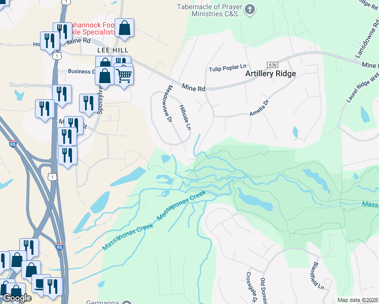map of restaurants, bars, coffee shops, grocery stores, and more near 10203 Meadowview Drive in Fredericksburg