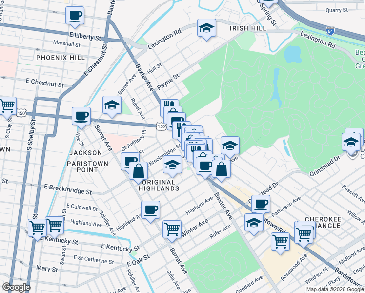 map of restaurants, bars, coffee shops, grocery stores, and more near 900 Baxter Avenue in Louisville